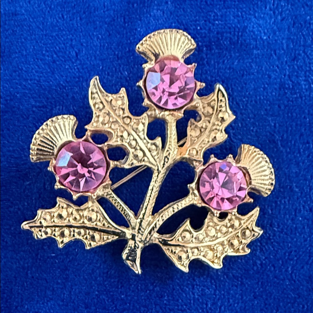 Gold-Tone Thistle Brooch with Pink Crystal Accents
